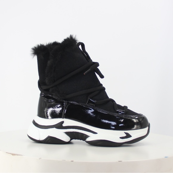 Fur Lined Thick Sole Winter High Top Sneaker in Black Faux Suede VEGAN 8/8.5 - Picture 1 of 14